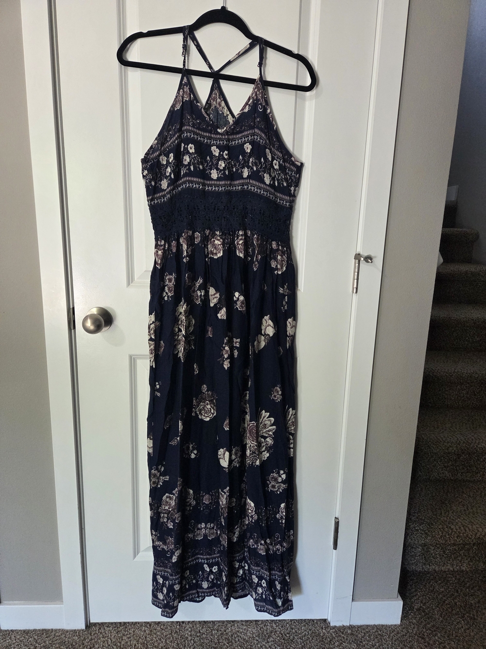 Navy Floral Maxi Dress with Crochet Waist